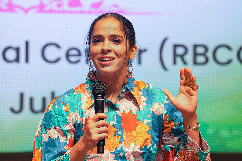 Saina Nehwal addresses the gathering under Her Story-My Story at the Rashtrapati Bhavan