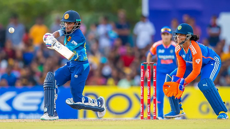 Harshitha Samarawickrama plays a shot during the Womens Asia Cup final. PTI