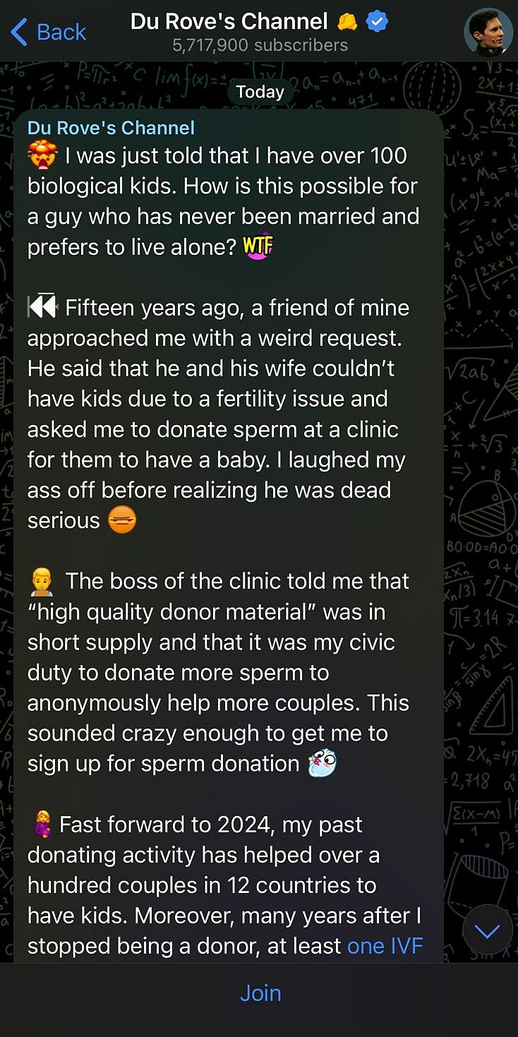 pavel durov sperm donor telegram post 