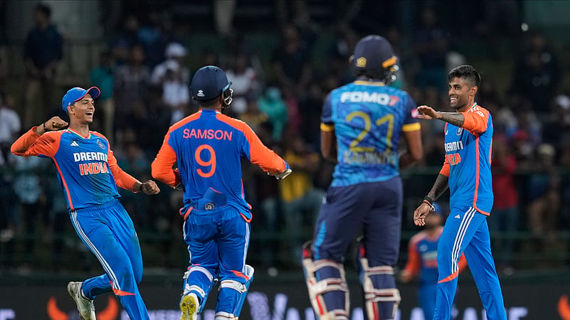 Suryakumar Yadav celebrates the wicket of Sri Lankas Kamindu Mendis. AP Photo