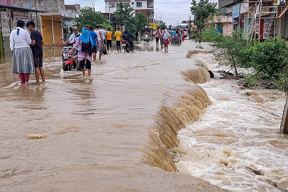 Waterlogged road after heavy rainfall, in Nagpur