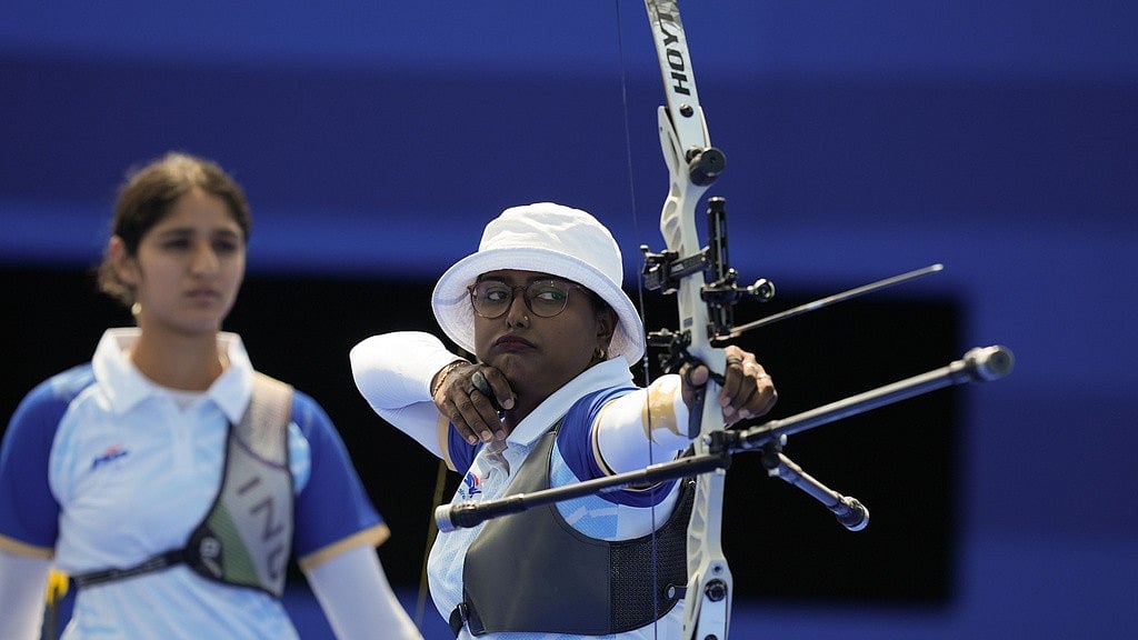 AP : Deepika Kumari (right) in action during Indian women's archery quarter-final against Netherlands at Paris Olympic Games 2024 on Sunday (July 28).