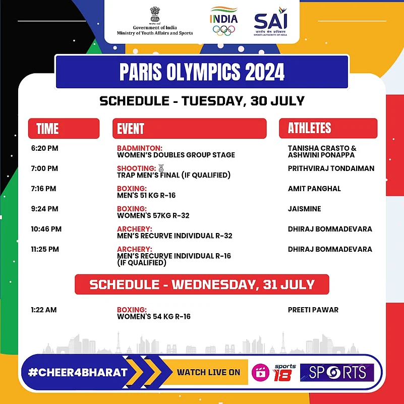 Paris Olympics 2024 India Schedule today 30 July24