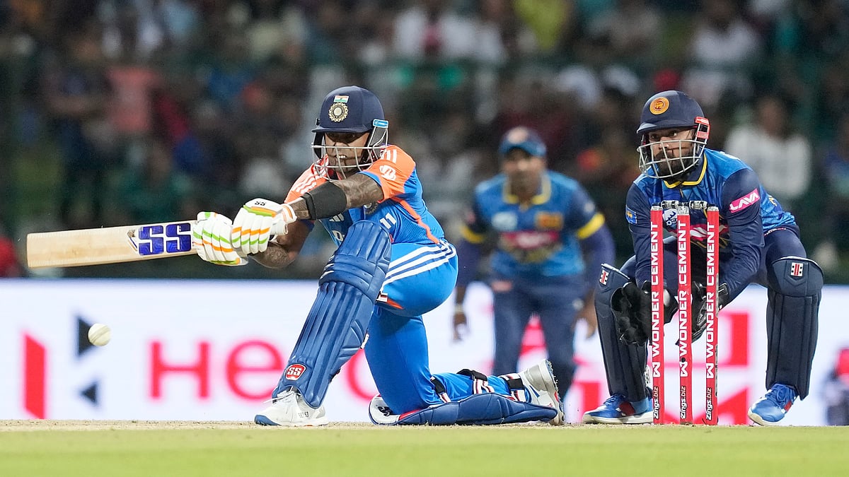 India's captain Suryakumar Yadav plays a shot during the first Twenty20 cricket match between Sri Lanka and India in Pallekele, Sri Lanka. - AP Photo/Eranga Jayawardena