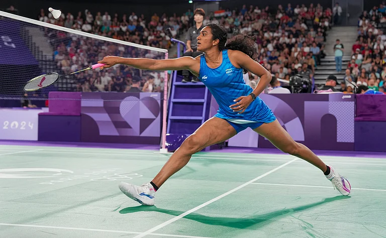Paris: India's PV Sindhu returns to Estonia's Kristin Kuuba during the women's singles group play stage badminton match at the Summer Olympics 2024, in Paris, France, Wednesday, July 31, 2024.
- PTI/Ravi Choudhary