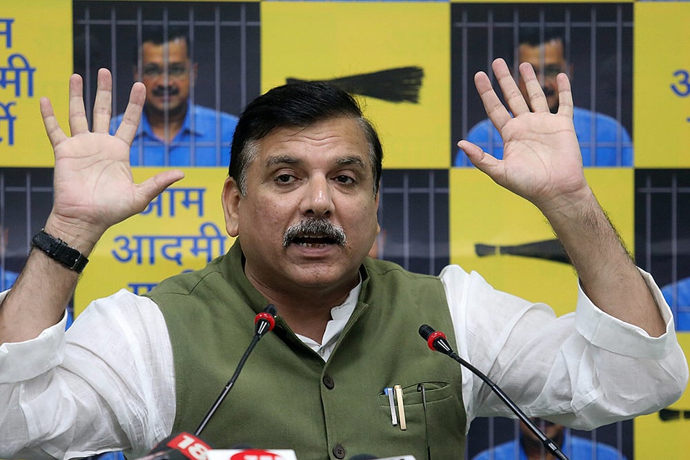 AAP MP Sanjay Singh  addresses media in Delhi
