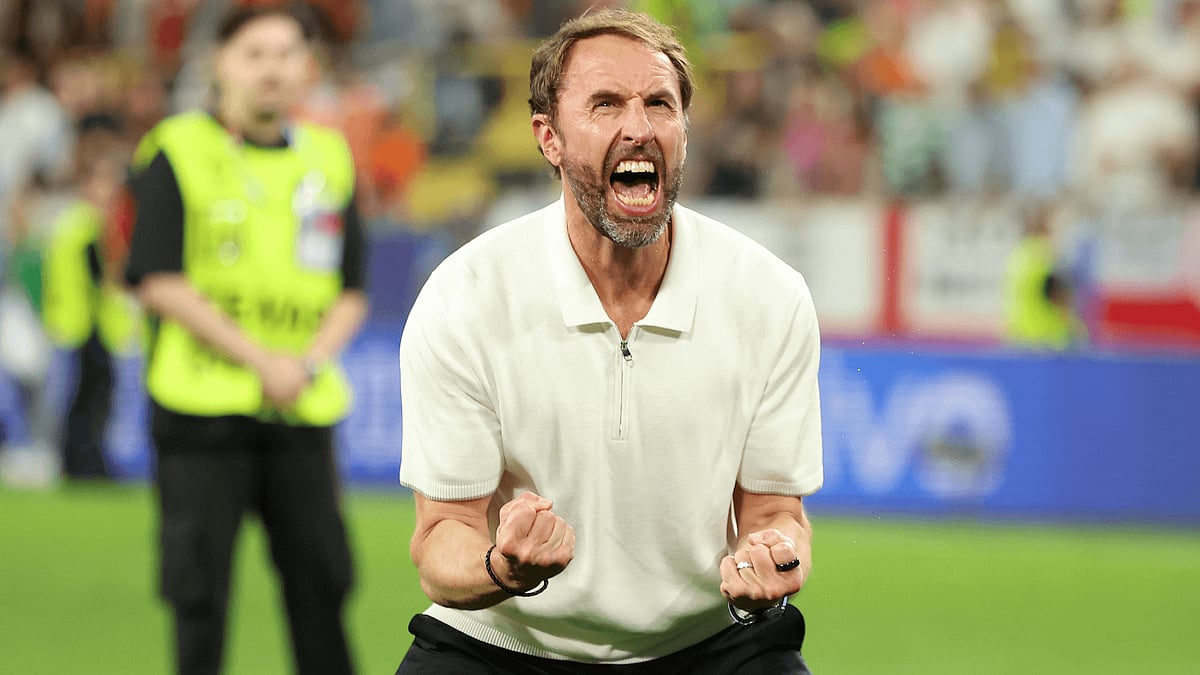 Gareth Southgate celebrates Wednesday's dramatic win over the Netherlands - null