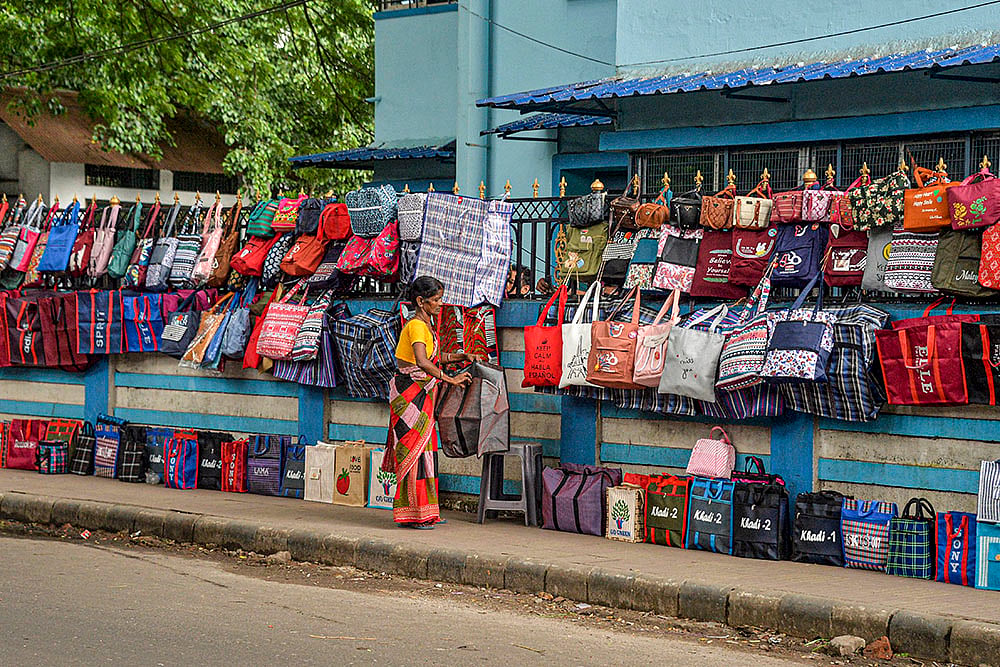 A vendor displays Bags in Siliguri