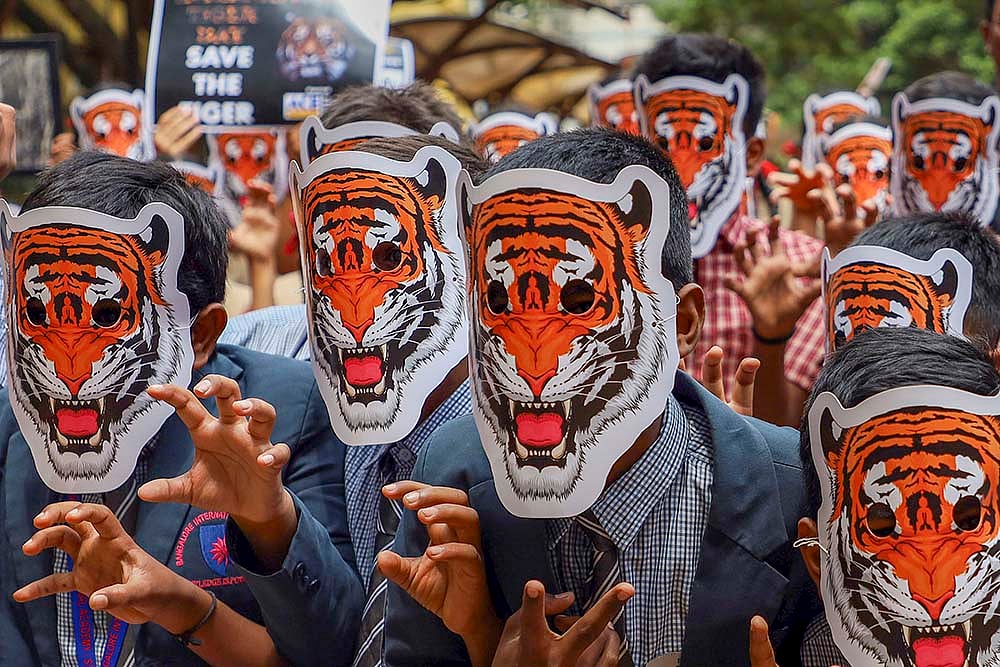 School students wearing tiger face during International Tiger Day
