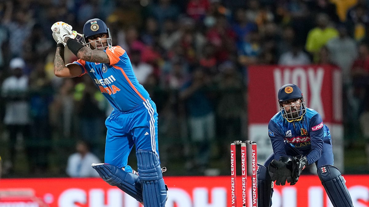 AP Photo/Eranga Jayawardena : India's captain Suryakumar Yadav plays a shot during the second Twenty20 cricket match between Sri Lanka and India in Pallekele, Sri Lanka.