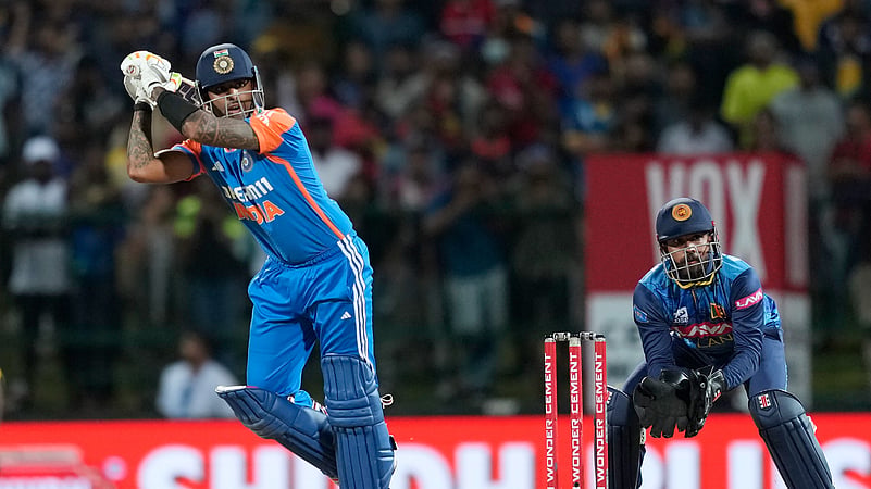 Suryakumar Yadav plays a shot against Sri Lanka. AP Photo