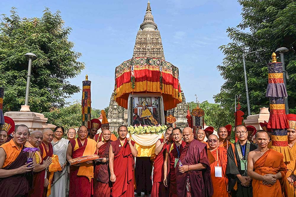 Buddhist monks  in Bodh Gaya on Dalai Lamas 89th birthday