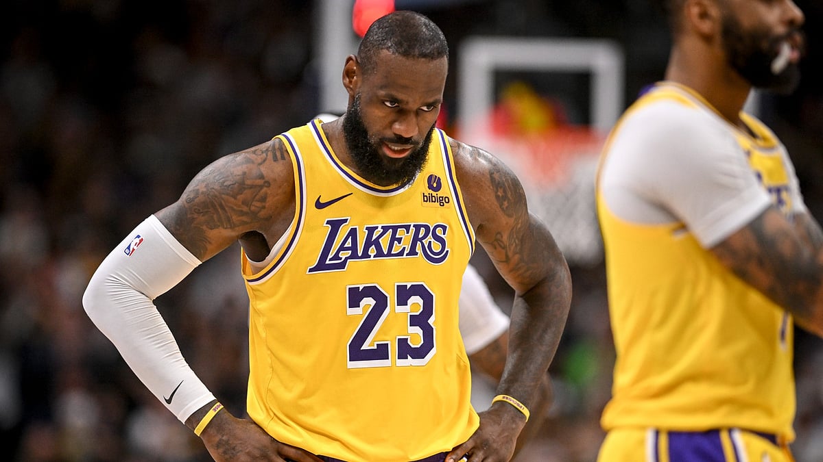 LeBron James on the court during the Los Angeles Lakers' 2024 playoff series against the Denver Nuggets.