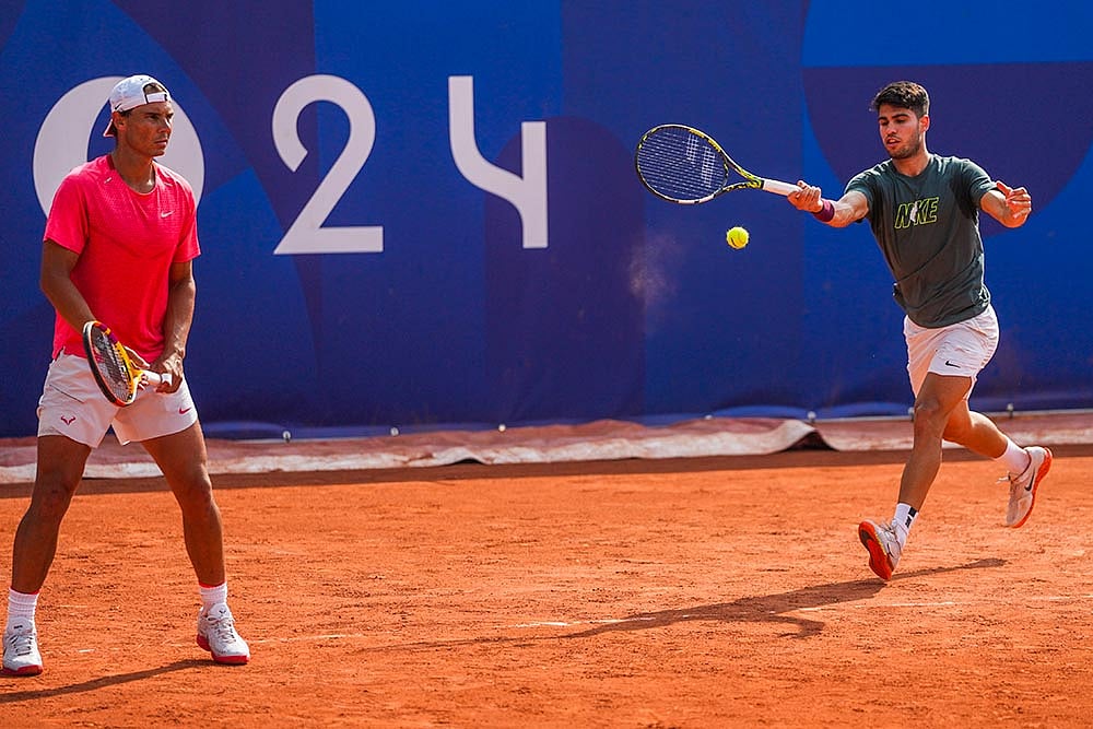 Spanish tennis players Rafael Nadal and Carlos Alcaraz