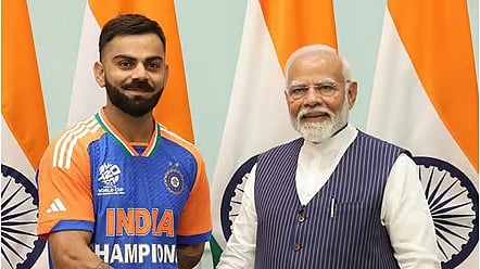 Prime Minister Narendra Modi with India cricketer Virat Kohli during a meeting after winning ICC T20 World Cup 2024, in New Delhi on Thursday (July 4). - PTI