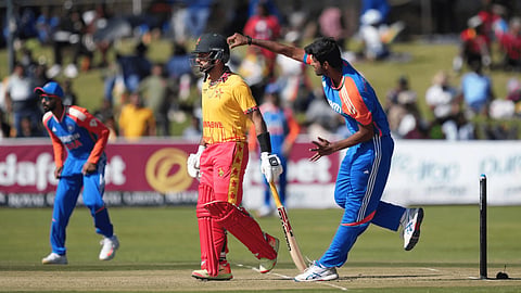 Washinton Sundar bowls in the third T20I against Zimbabwe
