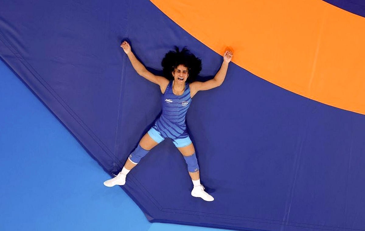 PTI : India's Vinesh Phogat after winning her Women's Freestyle 50kg Round of 16 wrestling match against Japan's Yui Susaki
