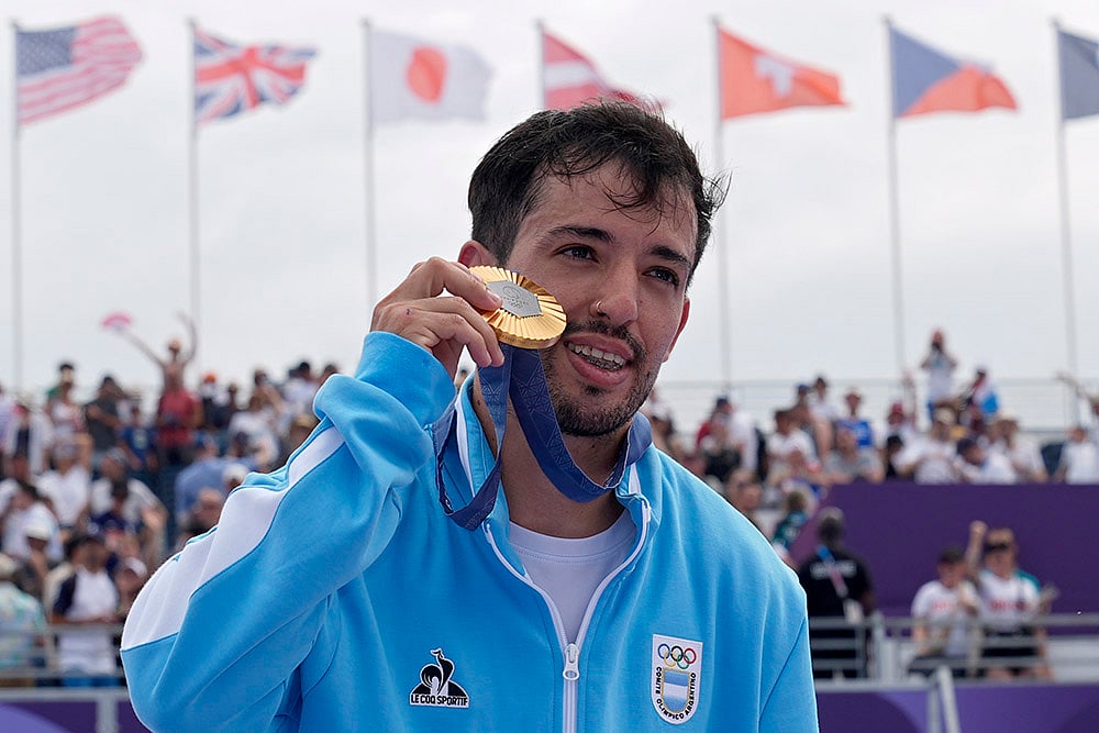 BMX freestyle mens park medal ceremony: Gold medalist Gil Jose Torres, of Argentina