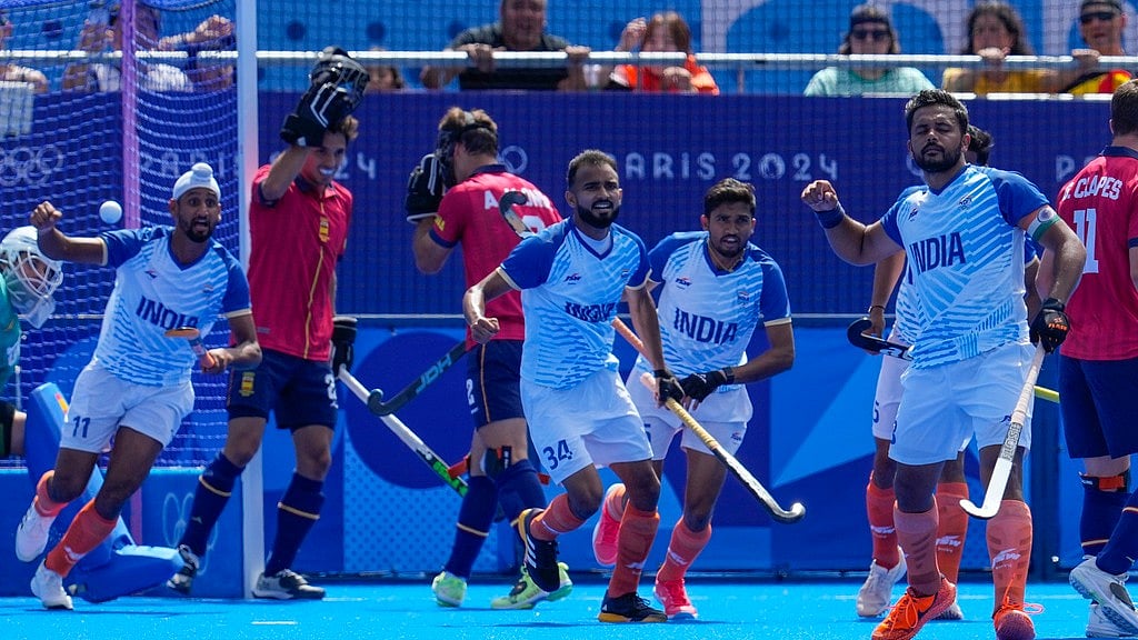 Photo: AP/Anjum Naveed : Harmanpreet Singh (right) celebrates with teammates after scoring India's opening goal against Spain in the hockey bronze-medal match at the Paris Olympics on Thursday (August 8).