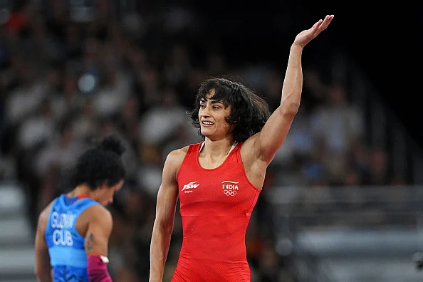 Vinesh Phogat celebrates victory during the semifinal at the Olympic Games on August 6 in Paris.