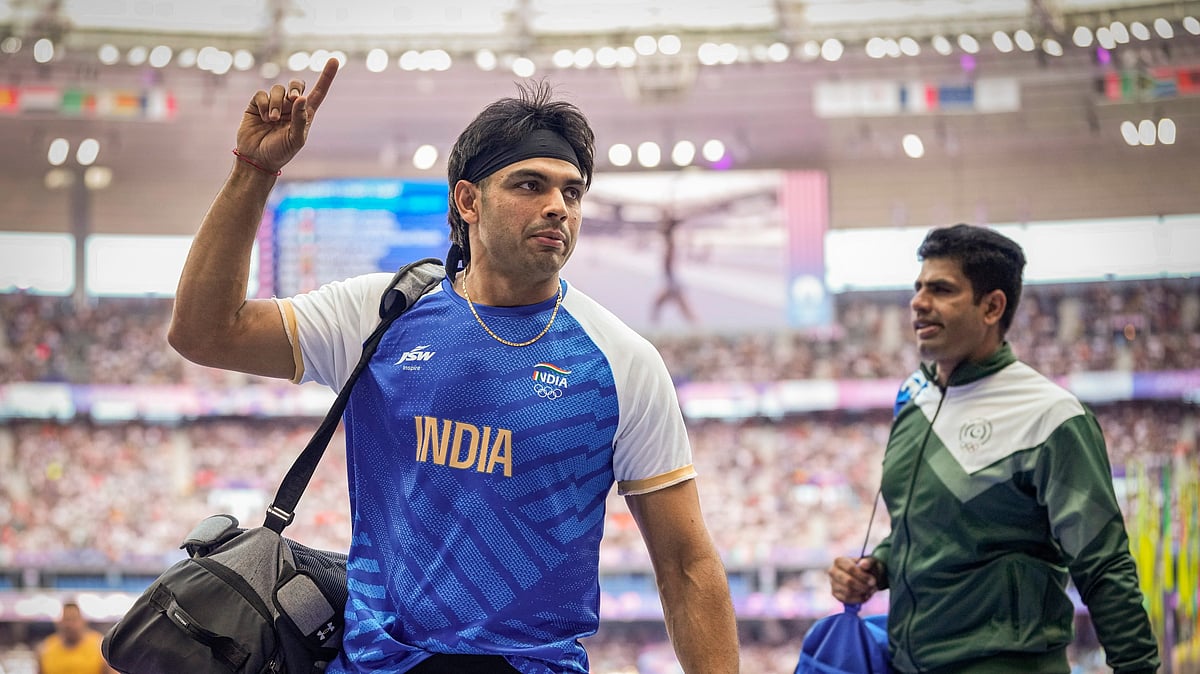 | Photo: PTI : File photo of Neeraj Chopra and Arshad Nadeem during the Paris Olympics Javelin Throw final 2024.
