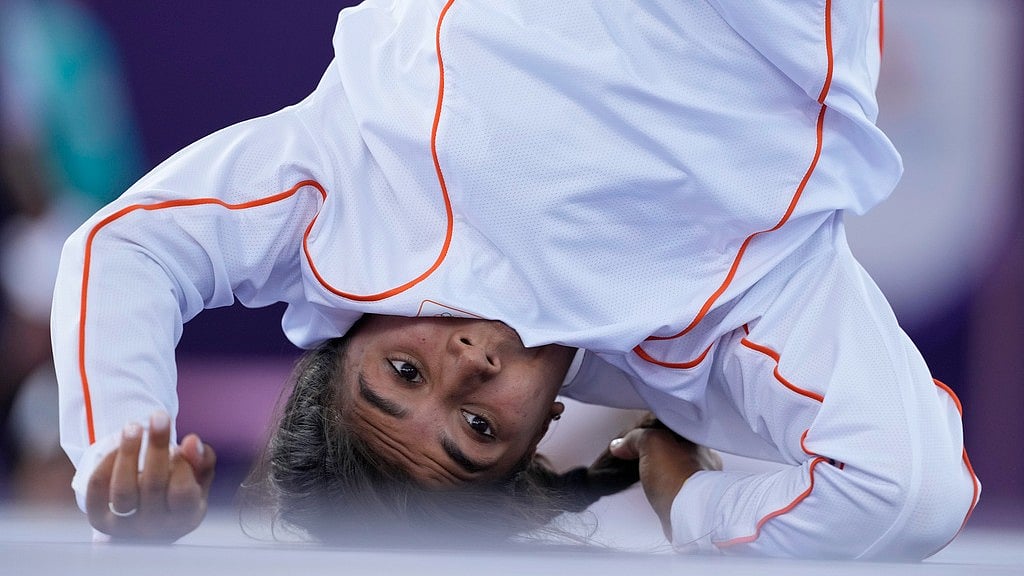 Netherland's India Sardjoe, known as B-Girl India, competes during the Round Robin Battle at the breaking competition at La Concorde Urban Park at the 2024 Summer Olympics, Friday, Aug. 9, 2024, in Paris, France. - AP/Frank Franklin