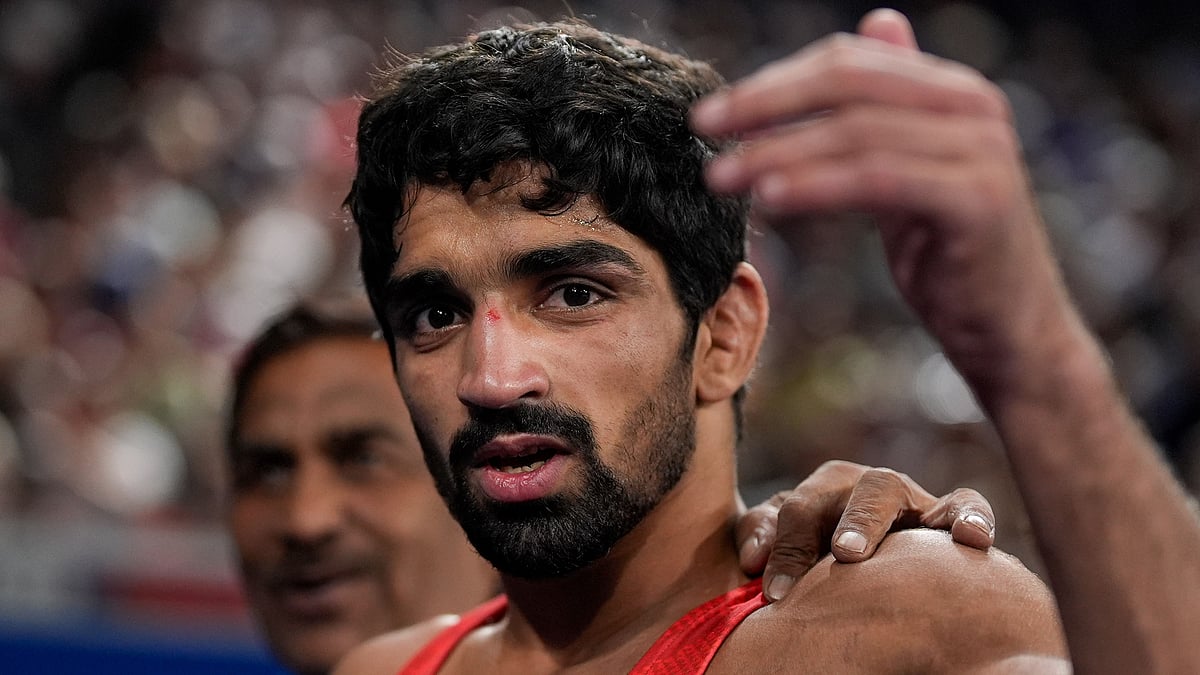 Aman Sehrawat after winning his bronze medal bout at the Paris Olympics. - PTI