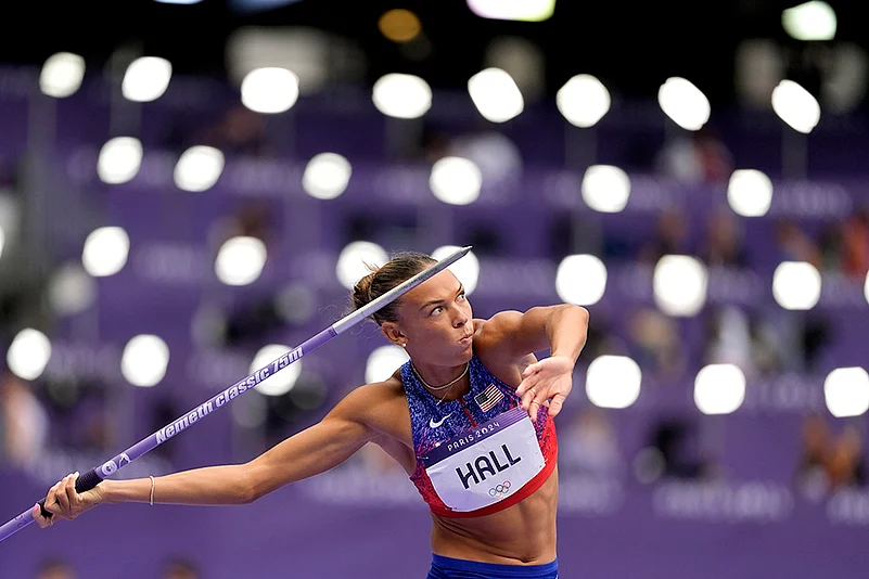 2024 Paris Olympics Day 14_Anna Hall, throws in the womens heptathlon javelin