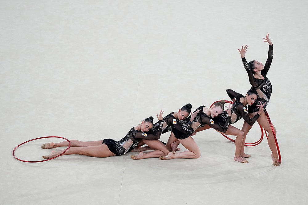 2024 Paris Olympics Day 14_The team from Spain performs during rhythmic gymnastics