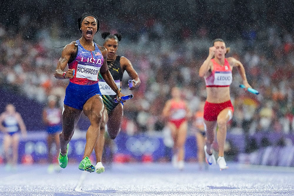 2024 Paris Olympics Day 14_Shacarri Richardson celebrates after womens 4 x 100-meter relay final 