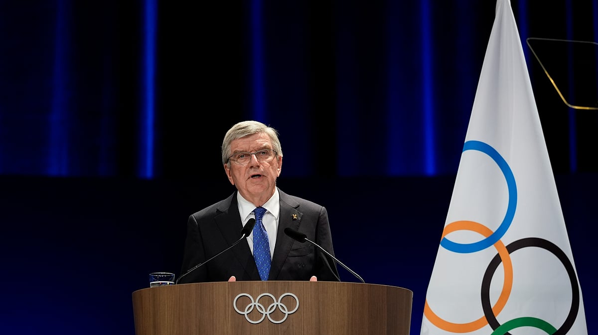IOC President Thomas Bach addresses the audience during the 142nd IOC session at the 2024 Summer Olympics, on Saturday. - AP Photo/Ariana Cubillos