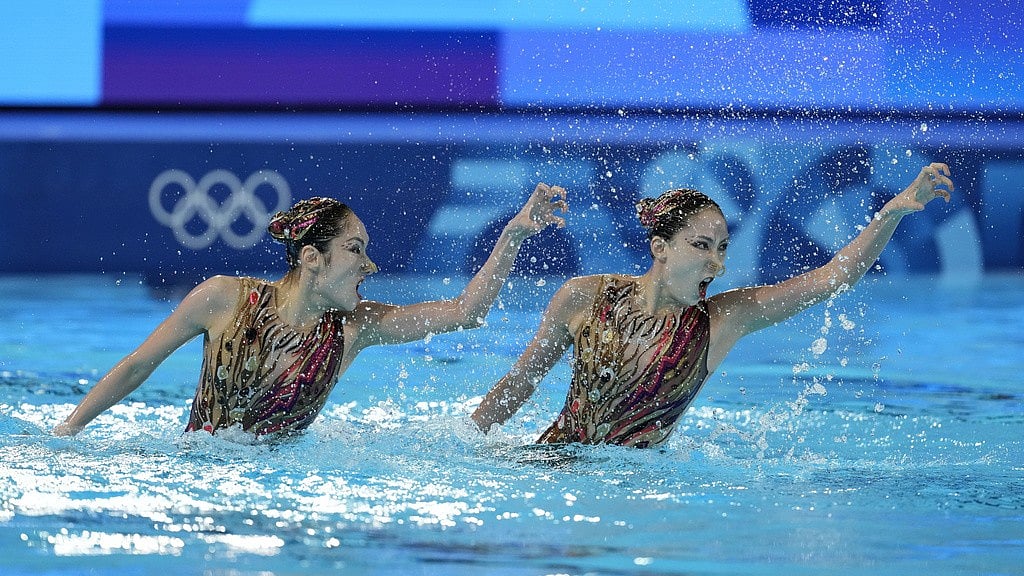 China's Wang Liuyi and Wang Qianyi compete in the duet free routine of artistic swimming at the 2024 Paris Olympics on Saturday (August 10). - AP