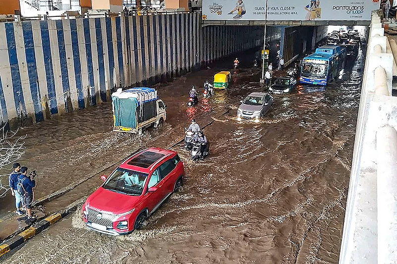 waterlogged underpass near Jayadeva Hospital after heavy rainfall, in Bengaluru
