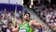 Pakistan's Arshad Nadeem in action at the men's javelin throw event of Paris Olympics. - AP/Matthias Schrader