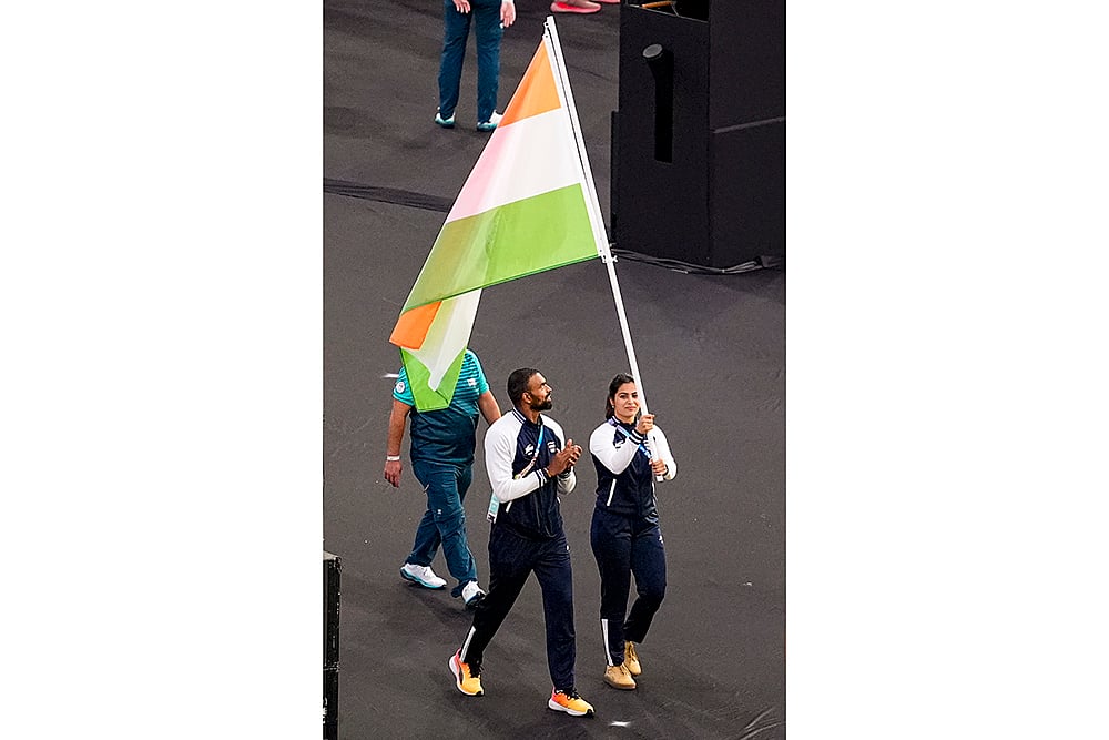 India’s Manu Bhaker and PR Srejeesh during Paris Olympics Closing Ceremony