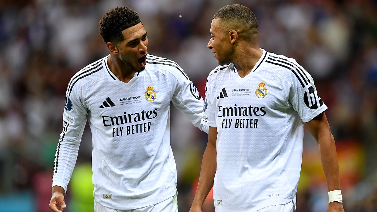 Jude Bellingham and Kylian Mbappe celebrate the latter's goal against Atalanta.