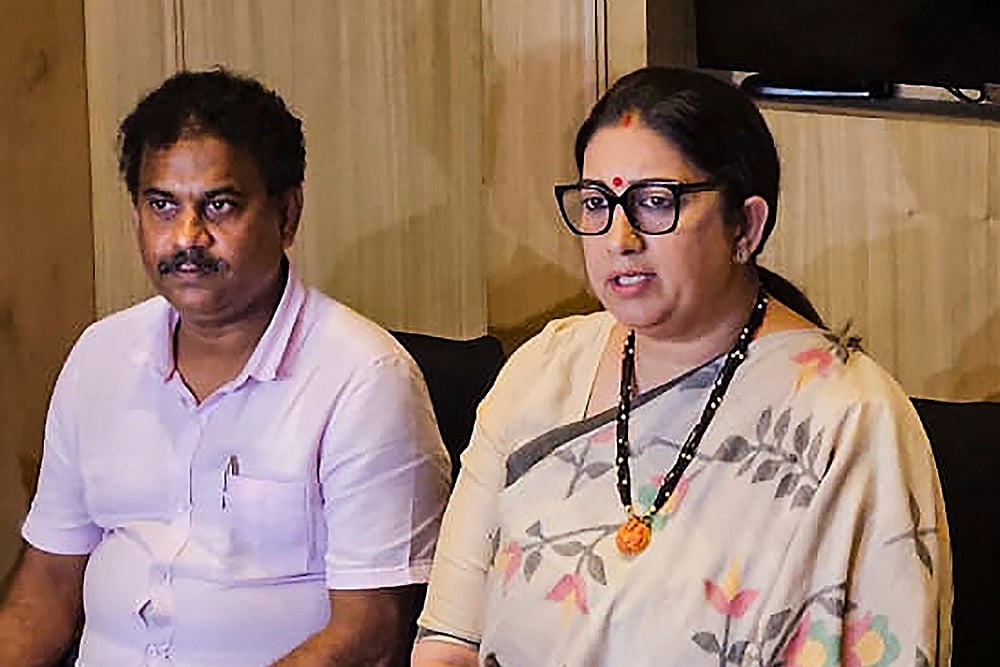 BJP leader Smriti Irani addresses the media, in Kolkata