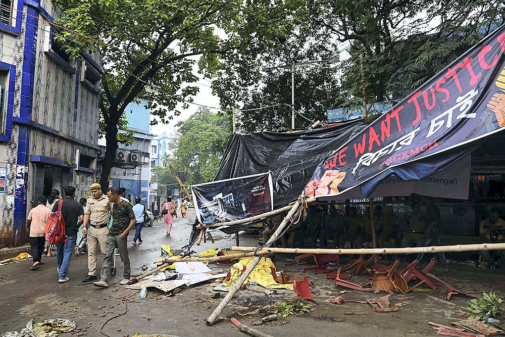 Kolkata doctor murder case: police near vandalised protest site at RG Kar Medical College Hospital