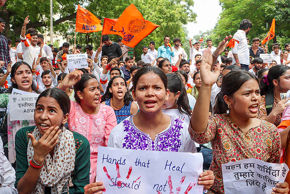 ABVP activists stage a protest against West Bengals TMC government  in Delhi