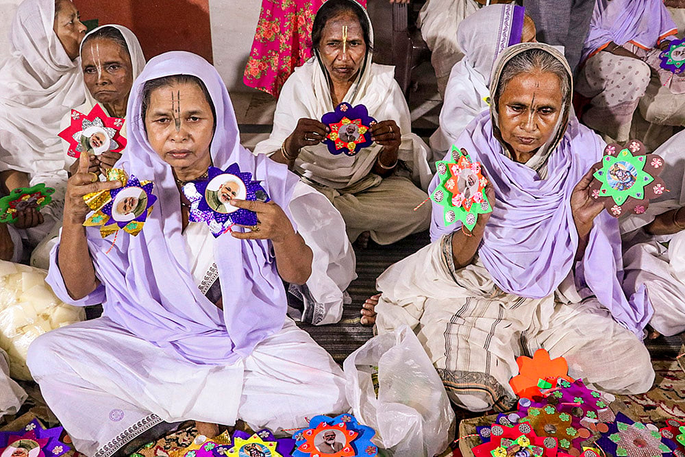 Widows display Rakhis made by them, that will be sent to Prime Minister Narendra Modi, in Vrindavan