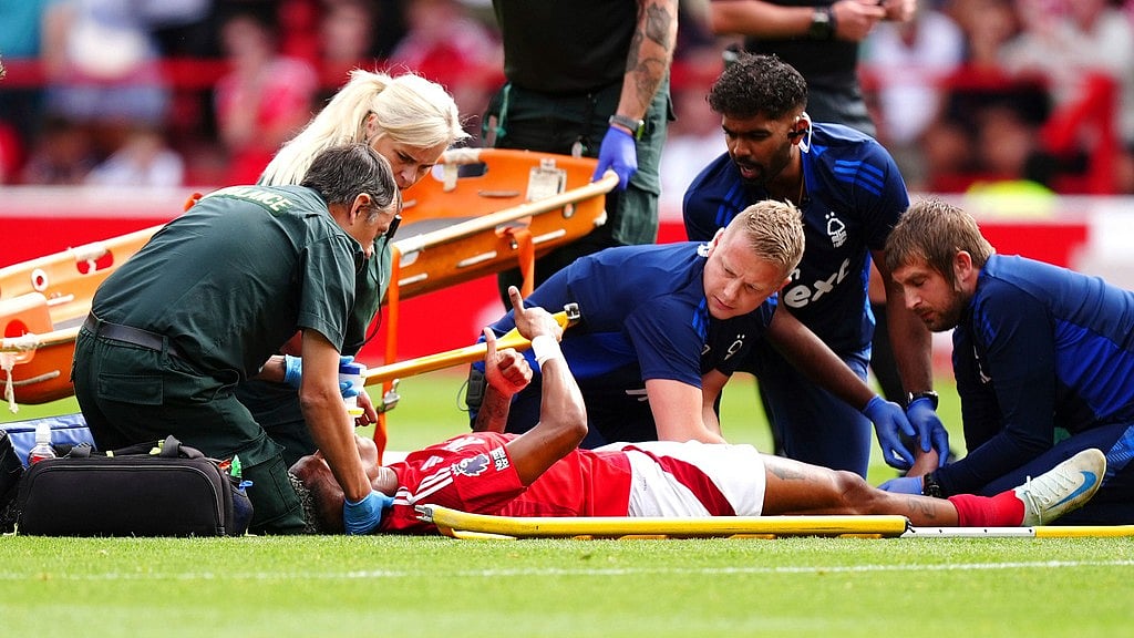 Nottingham Forest's Danilo shows a thumbs up as he receives treatment for an injury during the British Premier League soccer match between Nottingham Forest and AFC Bournemouth, at the City Ground, Nottingham, England, Saturday Aug. 17, 2024. - PA via AP/Mike Egerton