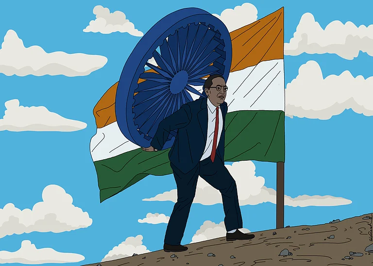 Dr Ambedkar carrying Ashok Chakra in front of the Indian flag. The illustration depicts that true freedom requires continuous efforts - Digital Illustration, 2021