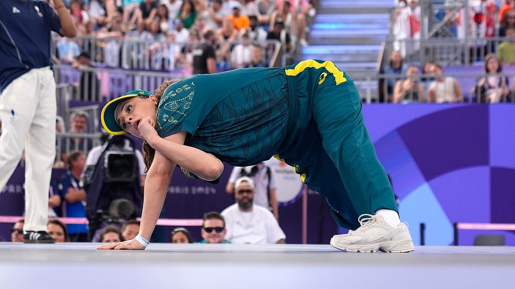Australia's Rachael Gunn, known as B-Girl Raygun, competes during the Round Robin Battle at the breaking competition at La Concorde Urban Park at the 2024 Summer Olympics, Friday, Aug. 9, 2024, in Paris, France. - AP