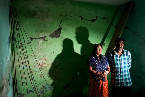 Dinesh Kumar and Satashri Devi's home was declared unfit last year. They continue to live here