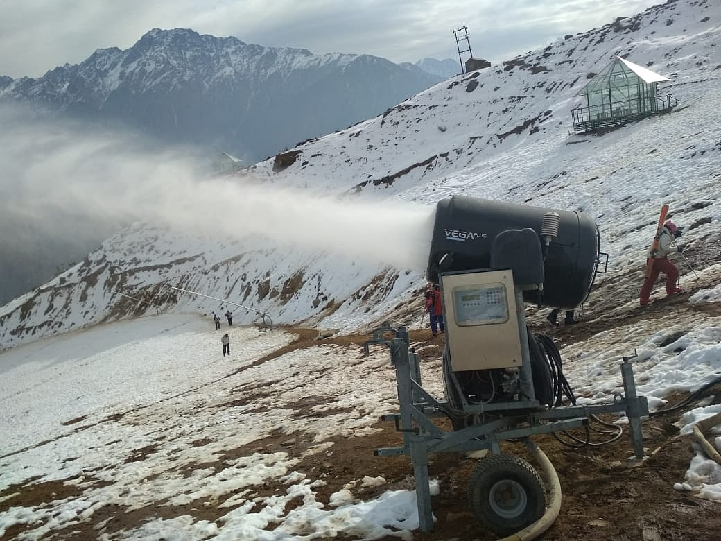 artificial snow is created and sprayed across Auli