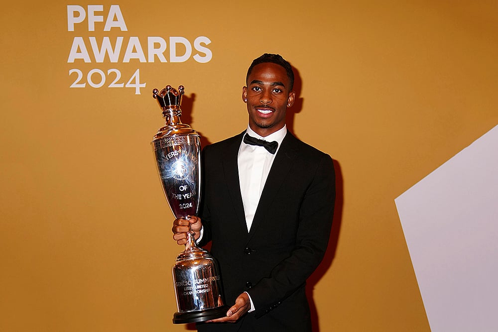 2024 Britain PFA Player Awards_Crysencio Summerville with PFA Championship Player of the Year award