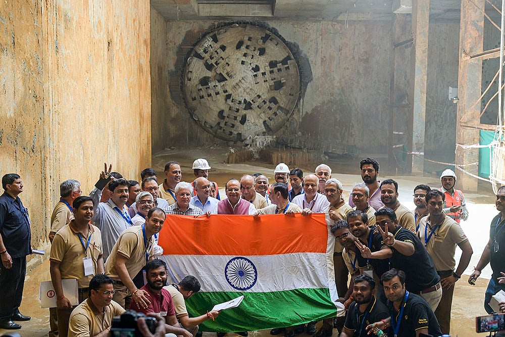 Breakthrough of a metro tunnel at the Chhatarpur Mandir site of the Delhi Metro in Delhi