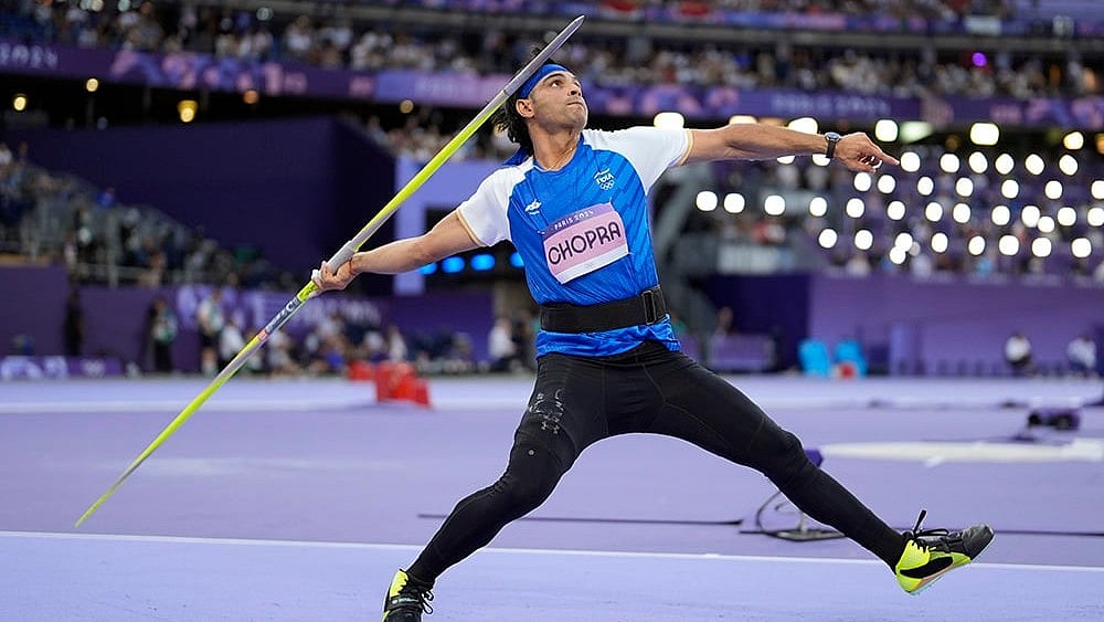 | Photo: AP/Matthias Schrader : Neeraj Chopra, of India, competes during the men's javelin throw final at the Paris Olympics.