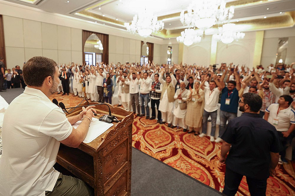 Congress leader Rahul Gandhi during a meeting in Srinagar