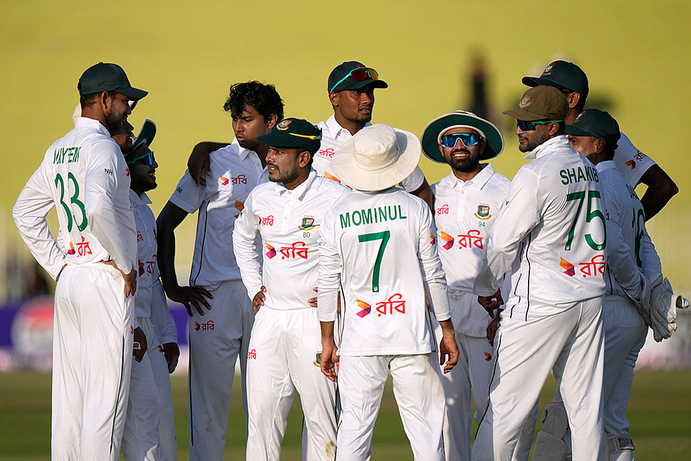 Pakistan vs Bangladesh 1st Cricket Test Day 1: Bangladeshs Hasan Mahmud, third left, celebrates 